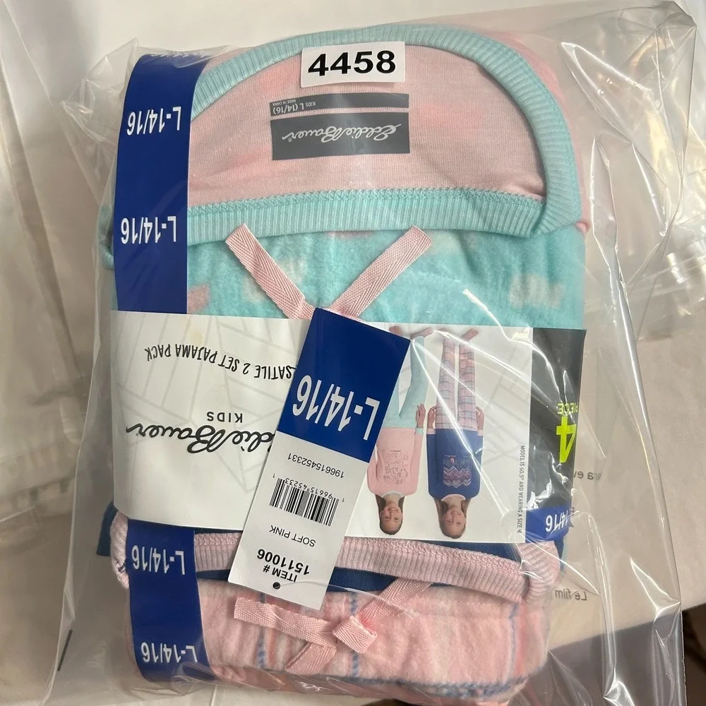 NWT Eddie Bauer Kids Pajama Set Girls L 14/16 Pink Blue Fleece 4 Piece Sleep Set